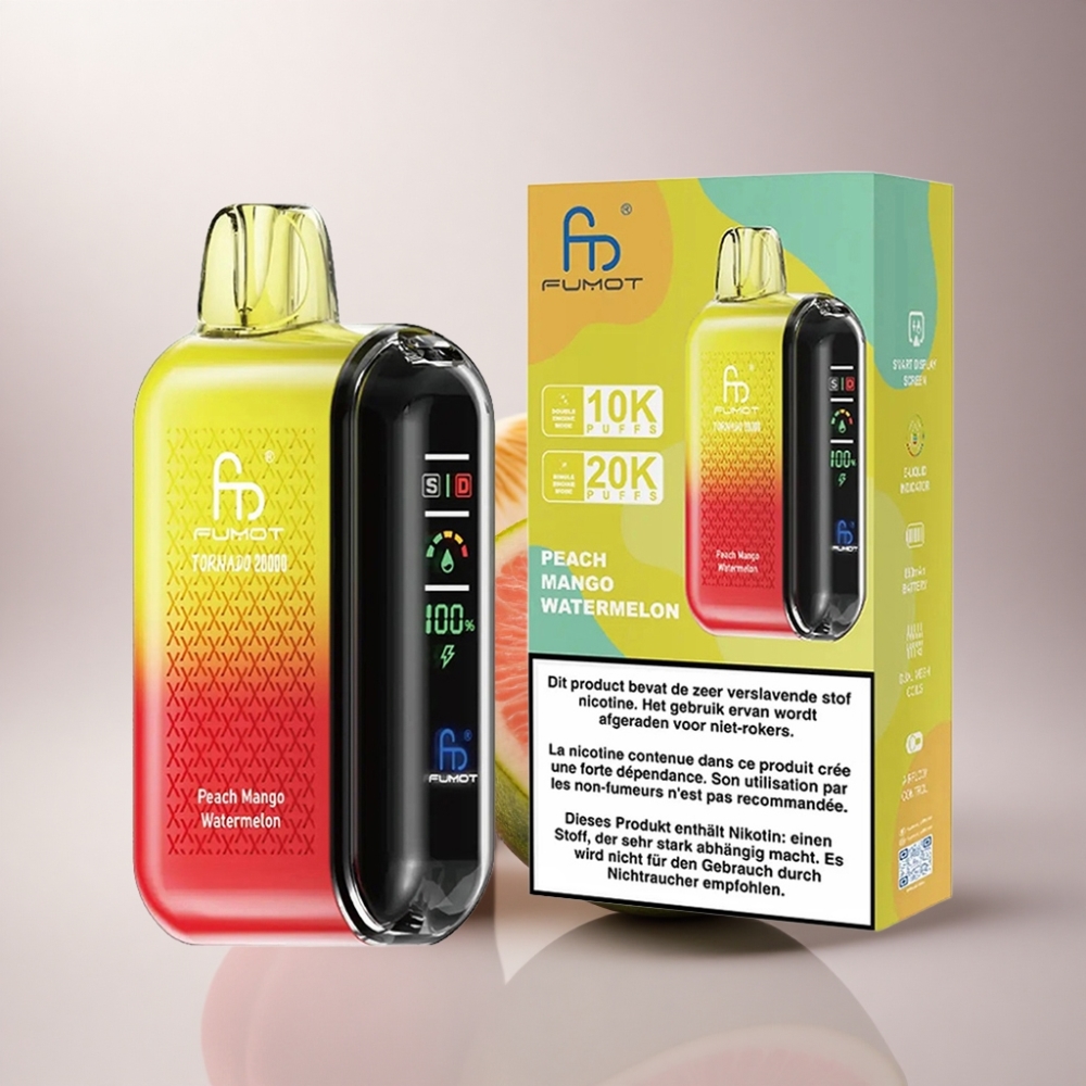 Fumot Tornado 20000 Puffs Agua de Melocotón Mango Sandía con Dual Mesh Coil y 2% Nicotina
