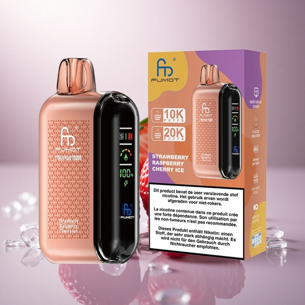 Fumot Tornado 20000 Puffs Fresa Frambuesa Cereza Hielo con Dual Mesh Coil y 850mAh