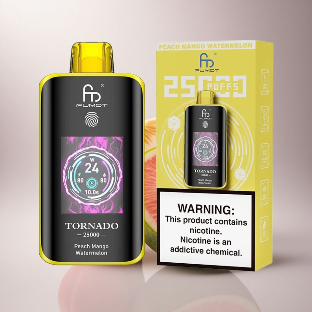 Fumot Tornado 25000 Puffs Melocotón Mango Sandía con Pantalla HD y Batería 700mAh Recargable
